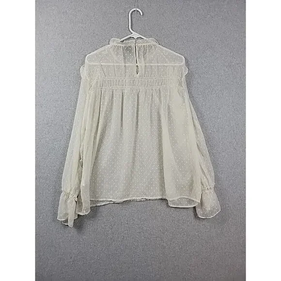 Vero Moda Ivory Swiss Dot LS Fairy Ruffled Smocked Sheer Blouse Women's Large - Picture 6 of 12